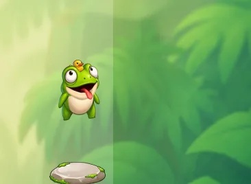 Captura real do Frog Jump: a rã verde com um patinho amarelo na cabeça, a flutuar sobre o charco antes de saltar.