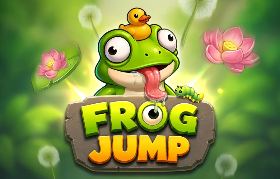 Arte promocional do Frog Jump: uma rã verde sorridente com um patinho na cabeça, entre flores de lótus e dentes-de-leão.