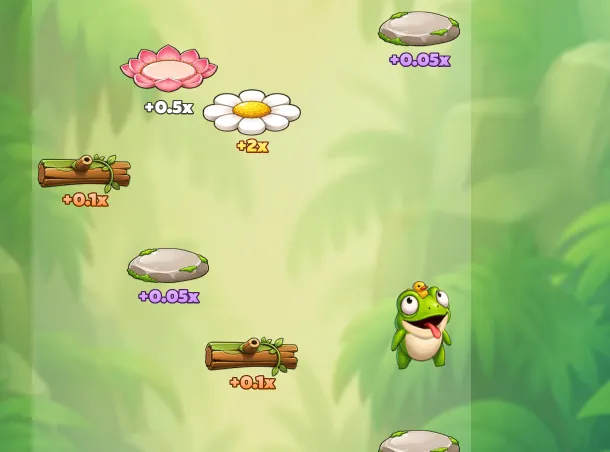 Captura real do Frog Jump: a rã a subir por nenúfares, pedras e flores de lótus num charco verde.